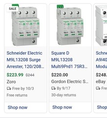 SCHNEIDER ELECTRIC Surge Arrester: Three Phase, 120/208V AC, 3 Poles, 4 Wires