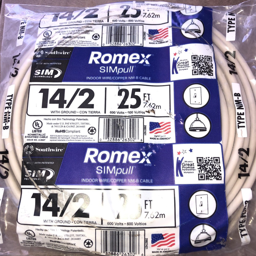 Southwire Romex Brand Simpull Solid Indoor 14/2 W/G NMB Cable 25ft coil,