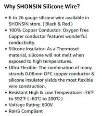 Shonsin 14 AWG 100FT Ultra Flexible Silicone Wire 100% pure cooper 26 Amp BLACK
