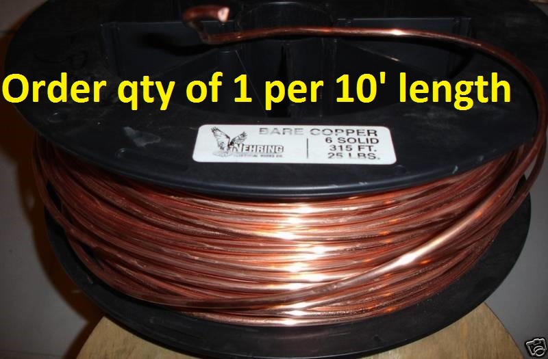 GROUND WIRE 6 AWG GAUGE SOLID BARE COPPER 100A SERVICE 6AWG cut to order per 10′