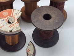 Vintage wooden spools with copper wire, 7 different pieces