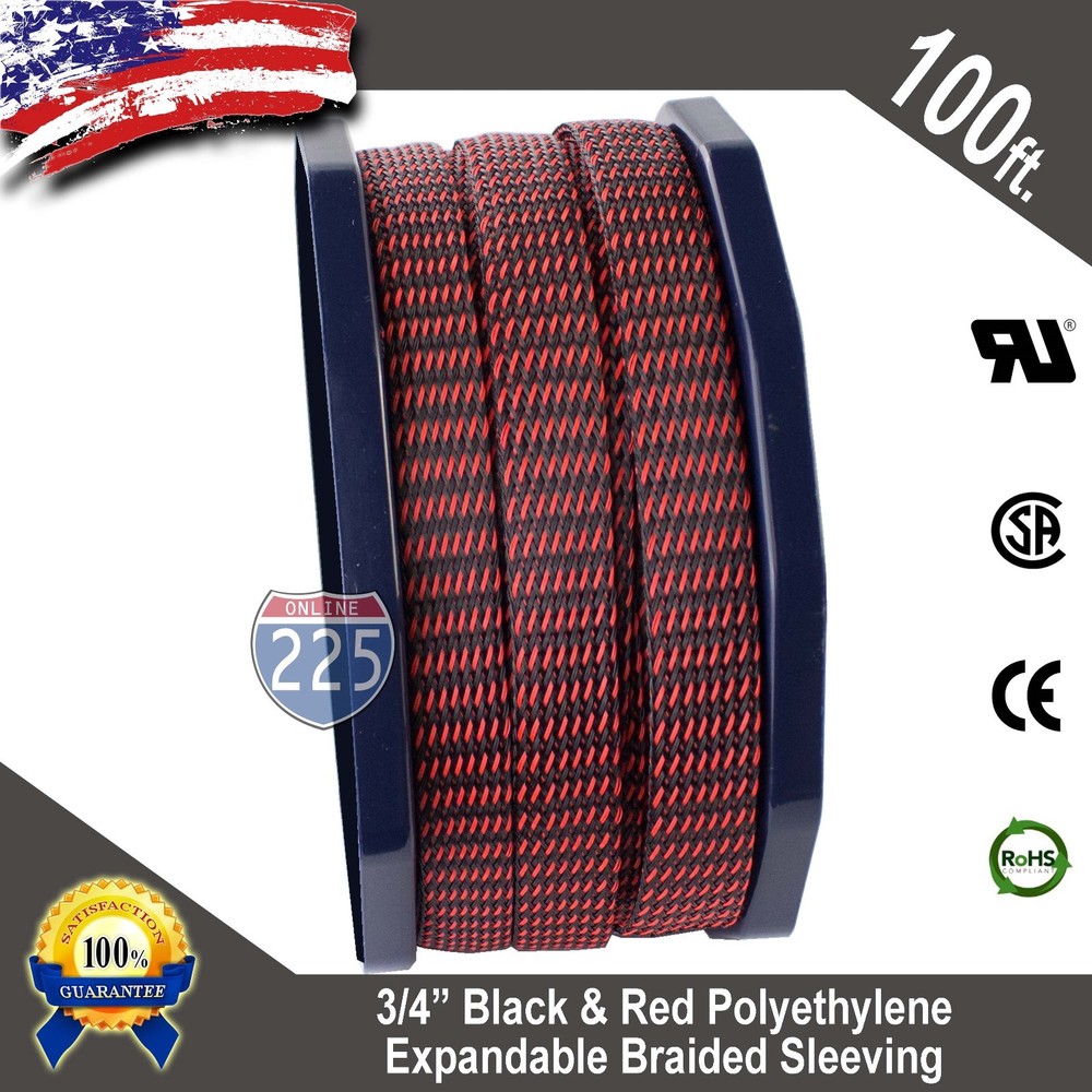 100 FT 3/4″ Black Red Expandable Wire Sleeving Sheathing Braided Loom Tubing US
