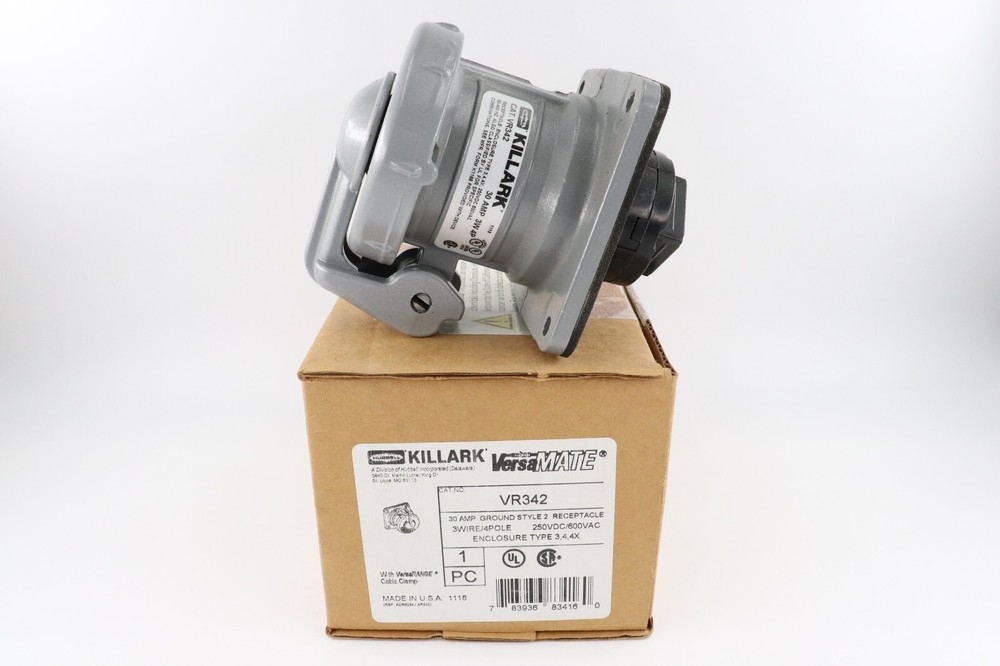 KILLARK VR342 30A GROUND STYLE 2 RECEPTACLE, 3-WIRE/4-POLE 250VDC/600VAC E/4/4X