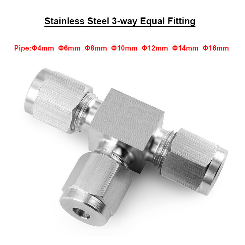 Stainless Steel Pneumatic Fitting Tee Equal Connector Φ4mm-Φ16mm Double Ferrules