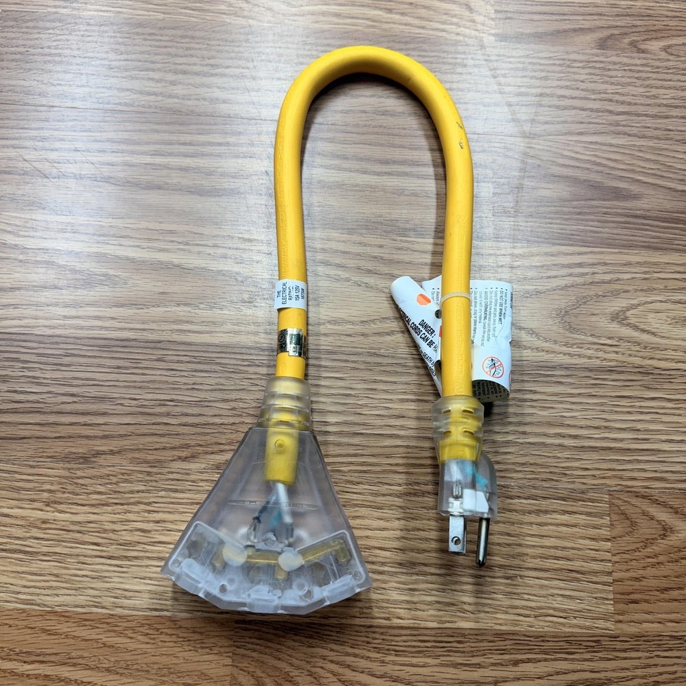 Yellow 3 Outlet Extension Wire Power Splitter Cord 15A 125V 1875W Clear Ends