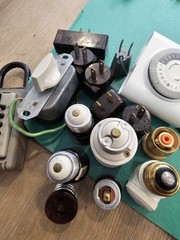 Vintage Electrical Parts & Hardware Lot – Wall Timer, Switches, Lamp Sockets, Pl