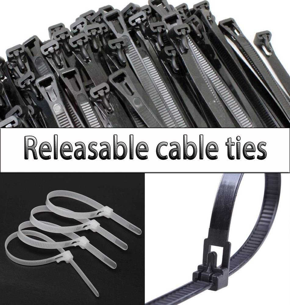 Black White Green Releasable Reusable Tie Wrap, Cable Tidy, Ties Zip Straps