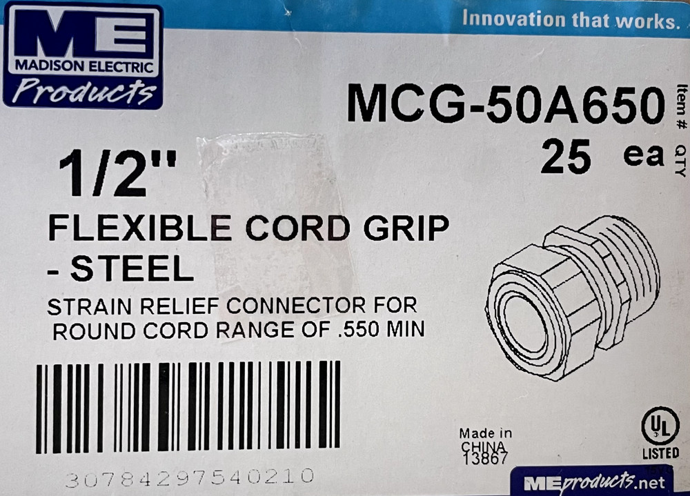 Madison Electric MCG-50A650, Flexible Cord Grip, 1/2″, Steel, QTY 25