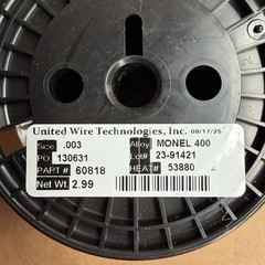 Monel 400 Wire .003” Alloy Spool United Wire Tech Part#60818 2.99 LB USA