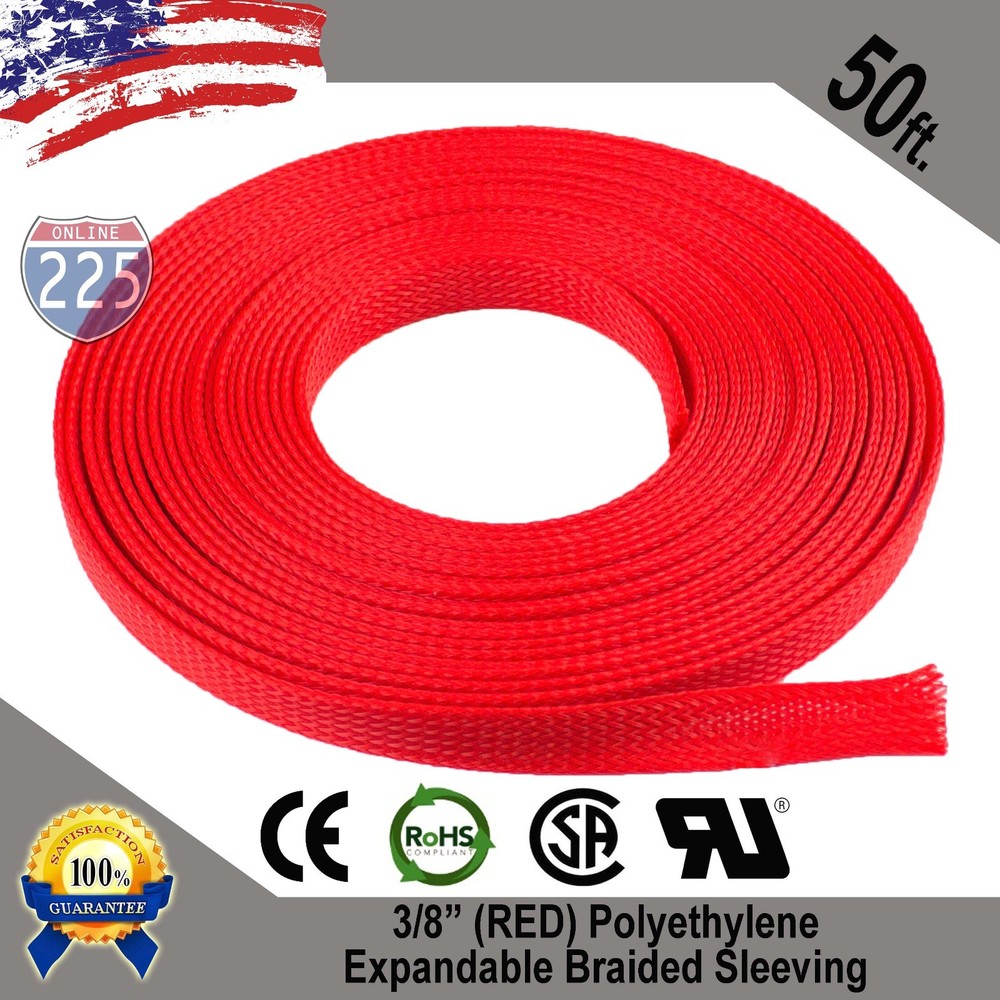 50 FT 3/8″ Red Expandable Wire Cable Sleeving Sheathing Braided Loom Tubing US