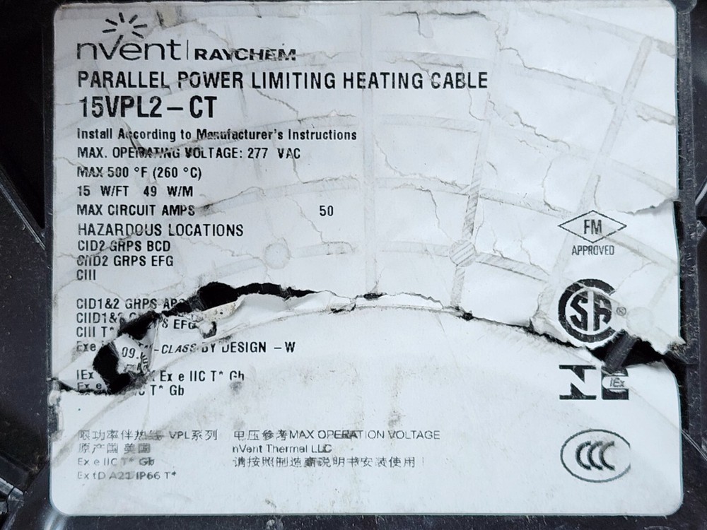 nVent/Raychem 15VPL2-CT High Temp Power Limited Heat Trace Cable 15W/Ft 277V/1ft