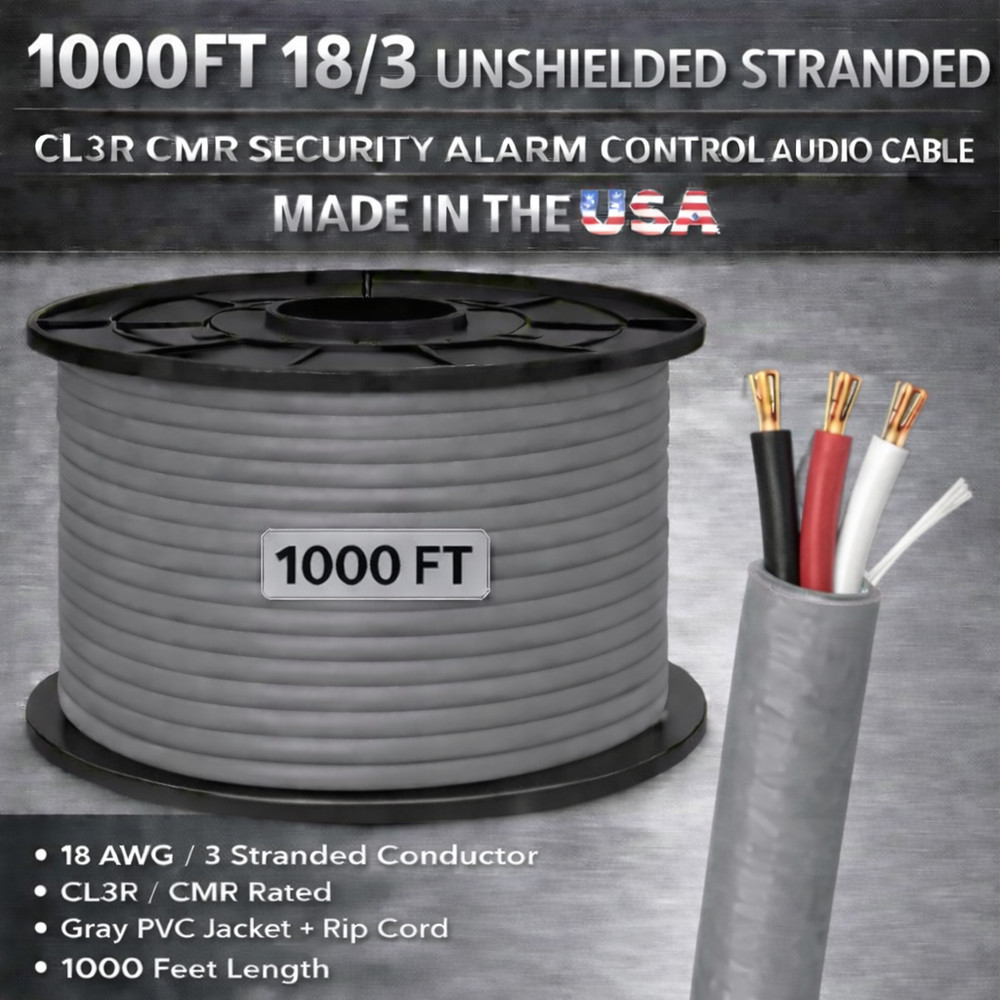 1000FT 18/3 Unshielded Stranded CL3R CMR Security Alarm Control Audio Cable