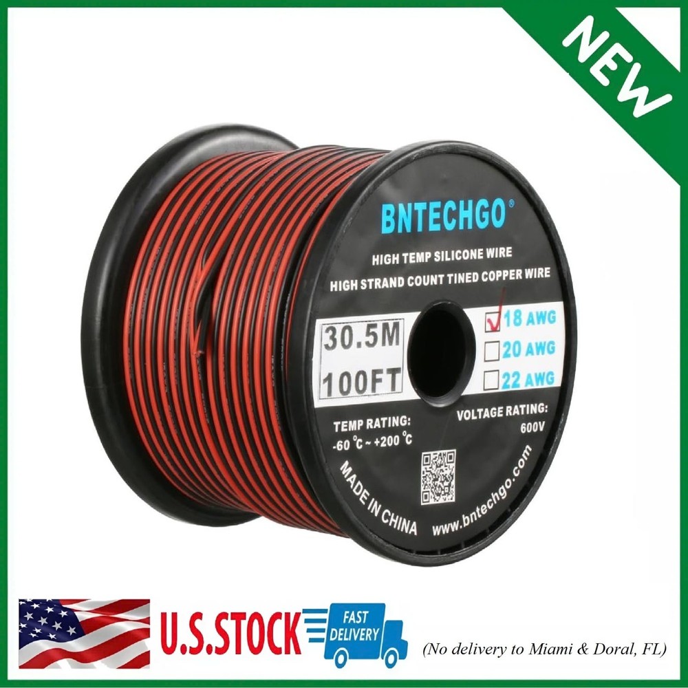 High-Performance 18 Gauge 2 Conductor Silicone Wire Spool – 100 Feet Red/Black
