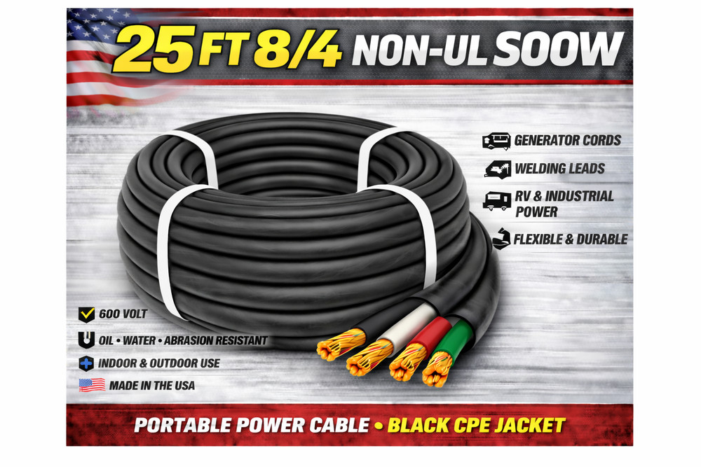 8/4 SOOW Portable Cord 25FT 600V Non UL Black Flexible Cable USA Made