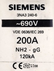 SIEMENS 3x NH2 Fuse Block 200A 690VAC 3NA3240-6 Unused