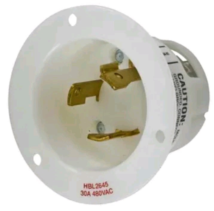 Hubbell HBL2645 Twist-Lock®, L8-30P , Flanged Inlet, 30A 480V, 2-Pole 3-Wire