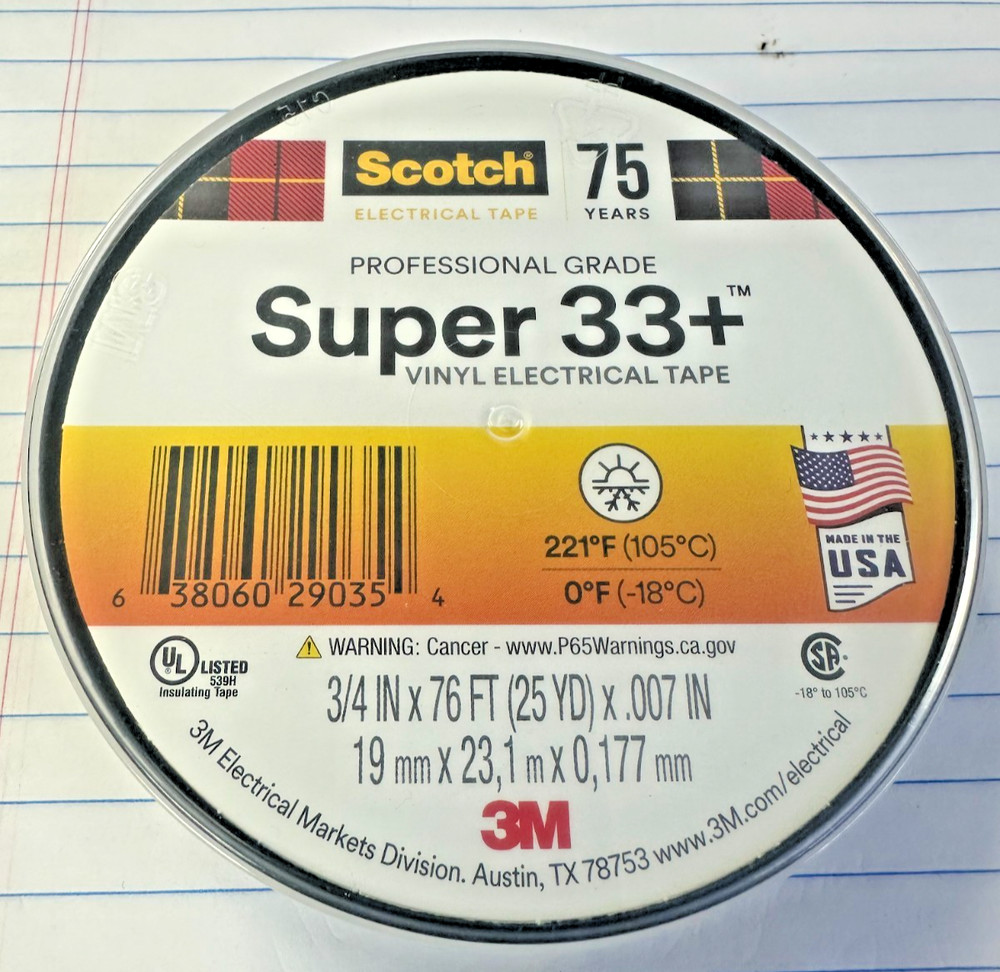 Electrical Tape Vinyl, Scotch Super 33+ Professional Grade 3/4 x 76 Ft., 3M