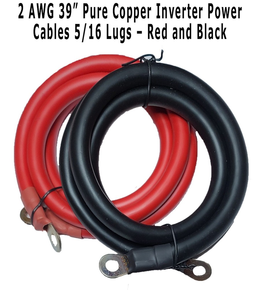 2 AWG Gauge 39″ Copper Battery Cables 5/16″ Insulated Lugs – Pair Black and Red