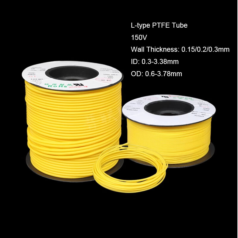 Yellow L Type PTFE Tube Pipe 150V Thin Wall 0.15/0.2/0.3mm ID 0.3mm~3.38mm Hose