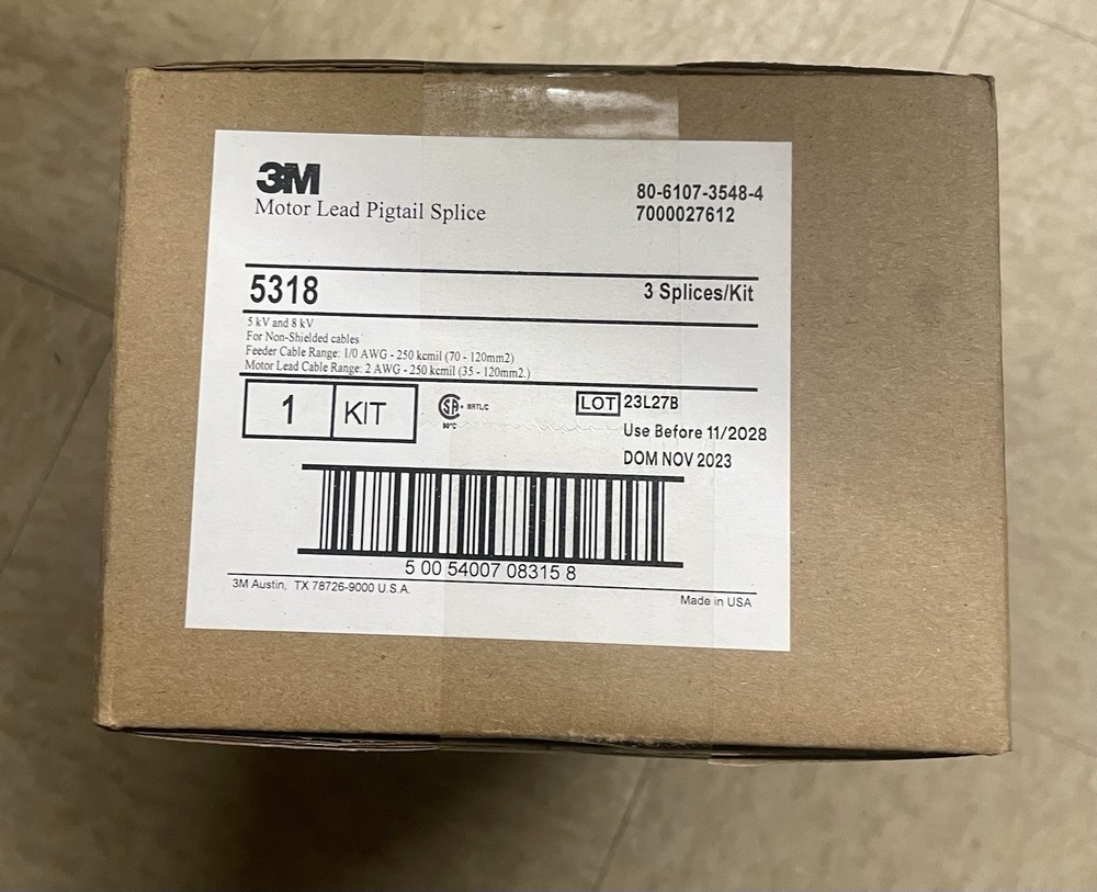 3M 5318 Motor Lead Pigtail Splice 5-8kV Non-Shielded 1/0 to 2 AWG 3/Kit