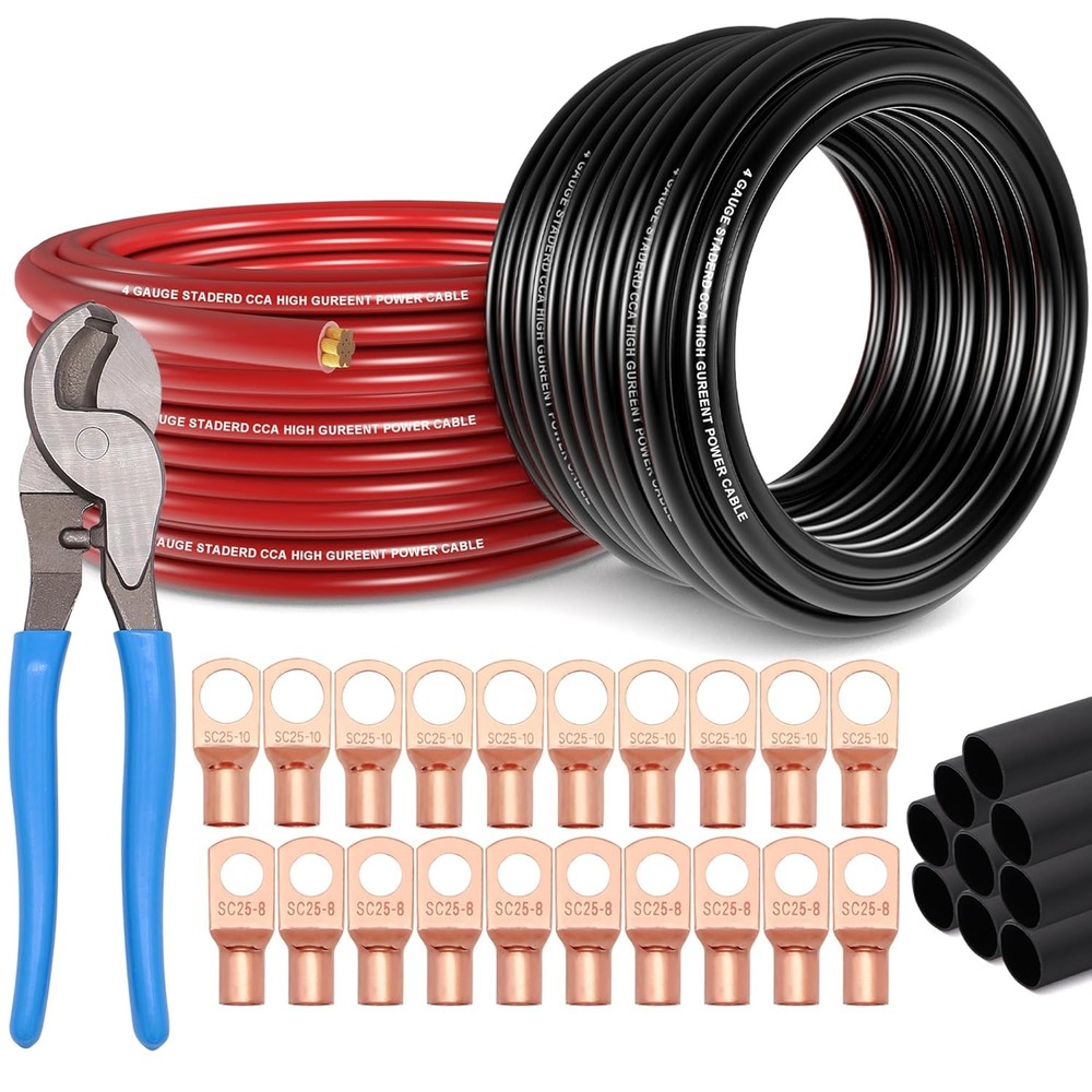 4 Gauge 25ft Red Black CCA Wire Kit with Lugs Heat Shrink for Car RV Amp Wiring