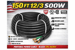 12/3 SOOW Portable Cord 150FT 600V UL CSA Black Flexible Cable USA Made