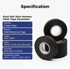 5 Rolls 3/4 Inch X 50 FT Wire Harness Cloth Electrical Tape, Wire Loom Tape Wiri
