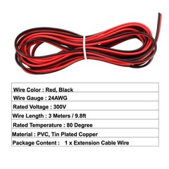 Red Black Wire 2pin Extension Cable Cord 24 AWG Parallel Wire 3 Meters Length