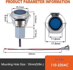 16mm Metal Indicator Light Mounting Hole 5/8 110VAC 220VAC 20mA IP67 Waterproof