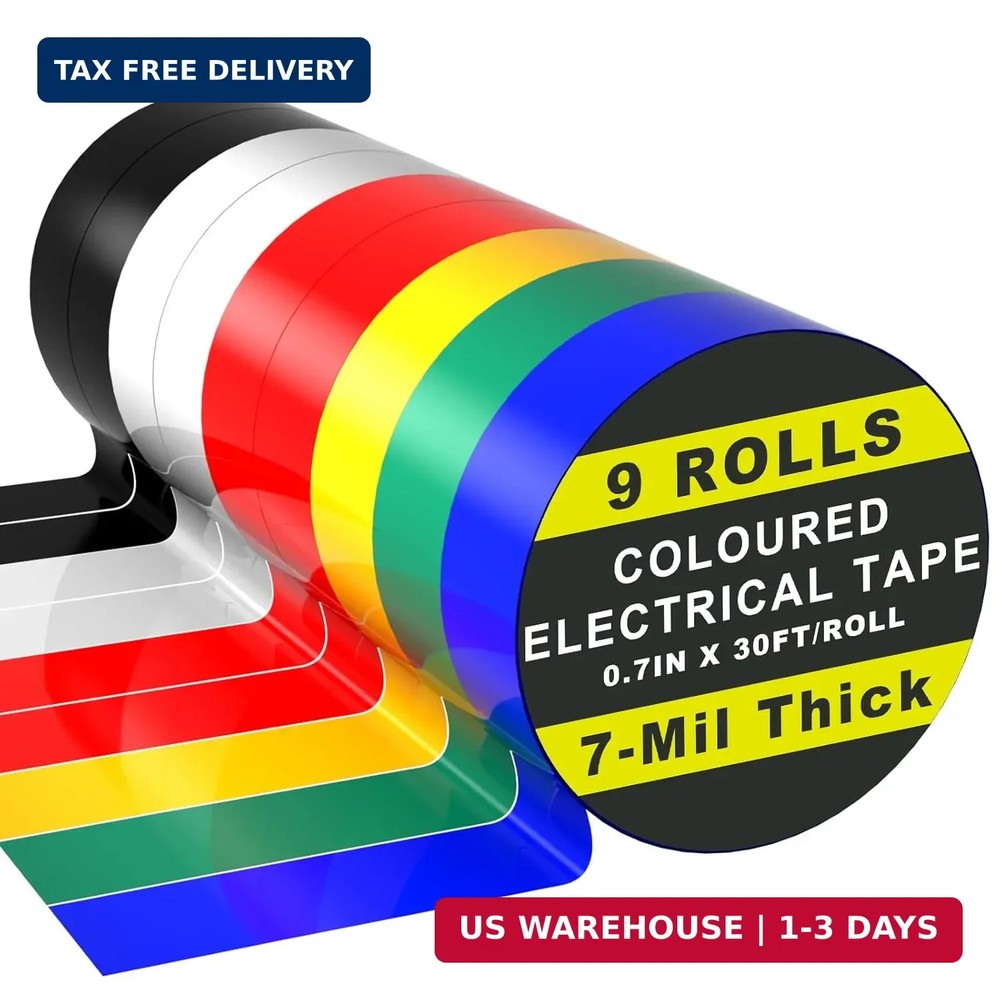 9 Rolls Coloured Electrical Tape – Professional White Black Red Green Blue Yello