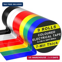 9 Rolls Coloured Electrical Tape – Professional White Black Red Green Blue Yello