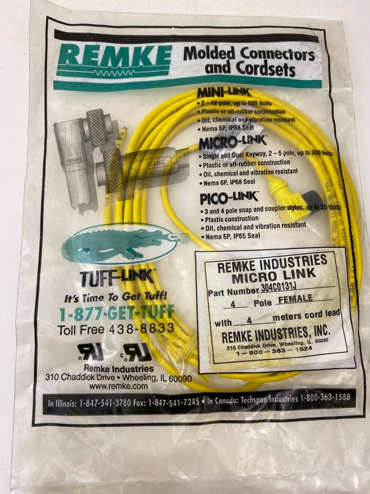Remke 304C0131J Single Key Plug Assembly,PVC,Female 90 Deg,4 Pole, 13.1′,22 AWG