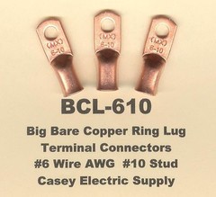 20 Big Bare Battery COPPER Ring Lug Terminal Connector #6 Wire Gauge AWG 10 Stud