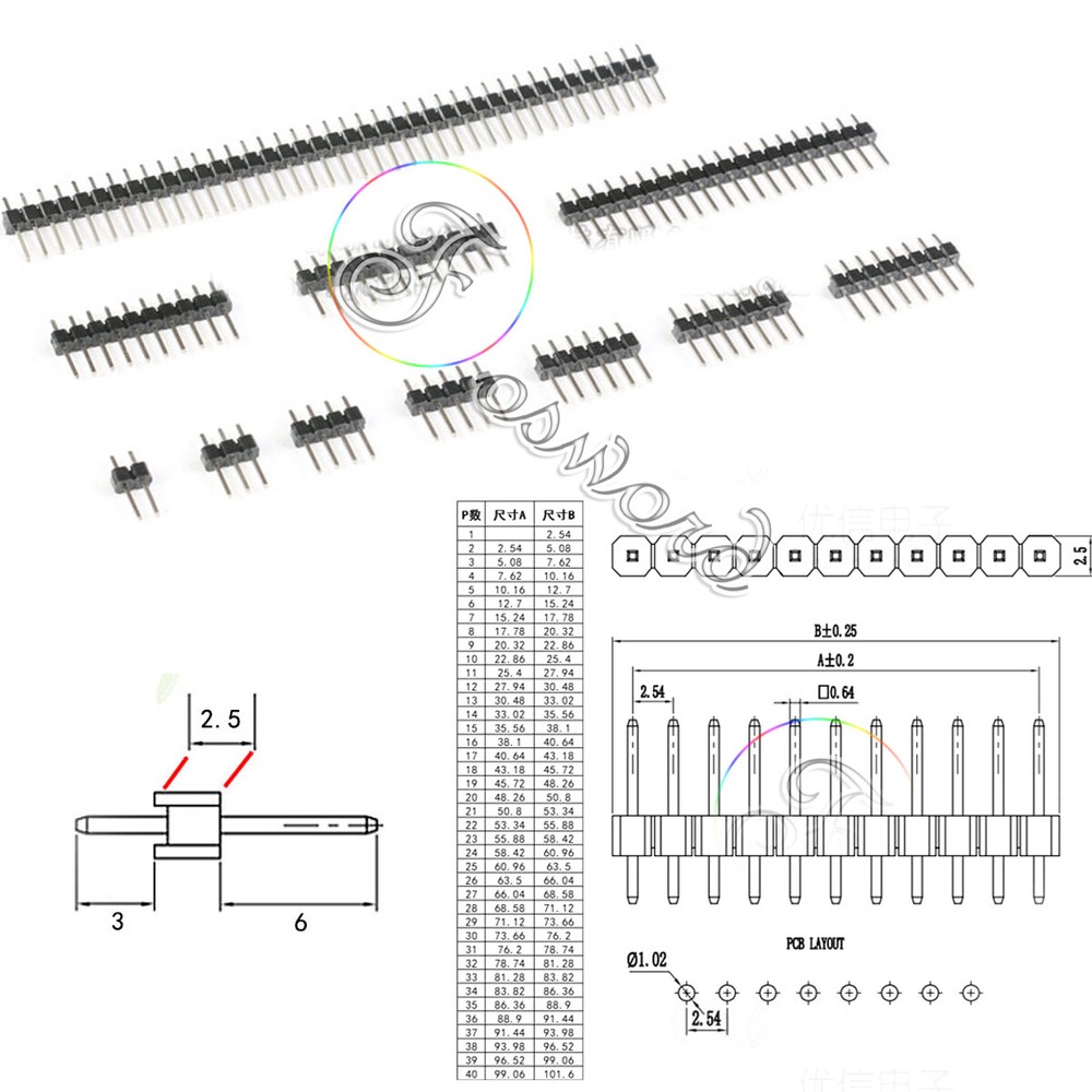 PCB Pin Header Breakable Connector Single Row Male 40 20 Pin 2.54mm 0.1″ Arduino