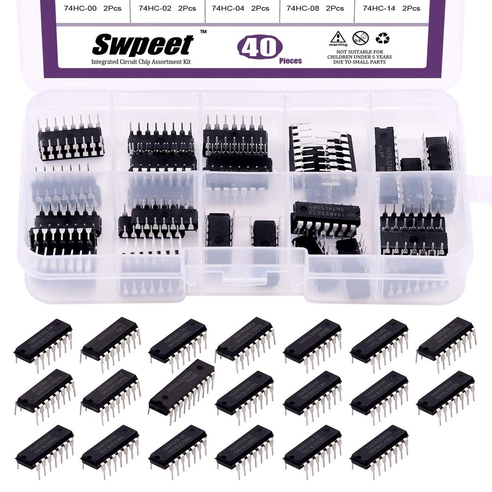 Swpeet 40Pcs 20 Different Types 74HCxx and 74LSxx Series Logic IC Assortment Kit