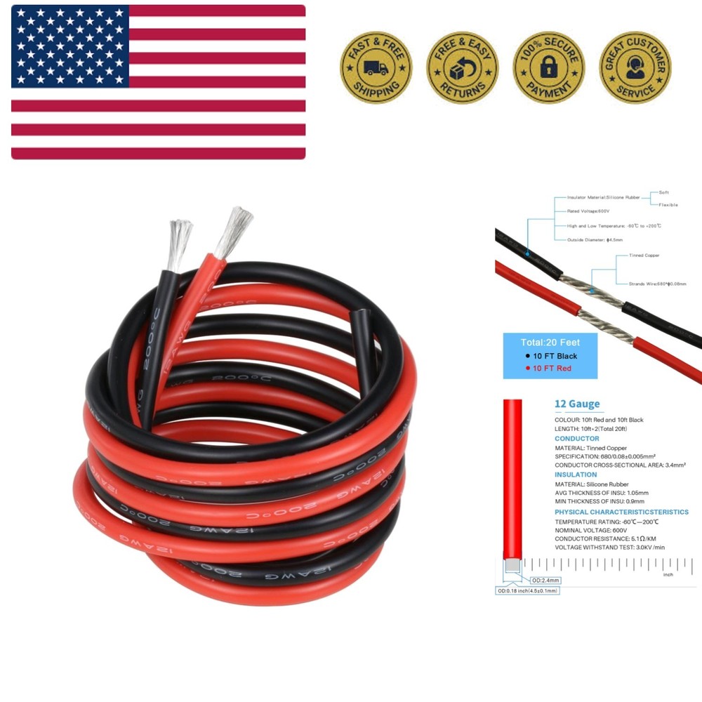 12 Gauge Silicone Wire 10 ft red and 10 ft Black Flexible 12 AWG Stranded Tin…