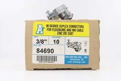 CASE OF 10 ARLINGTON 84690 3/8″ 90DEG DUPLEX CONNECTORS FOR FLEX/BX/MC, DIE/CAST