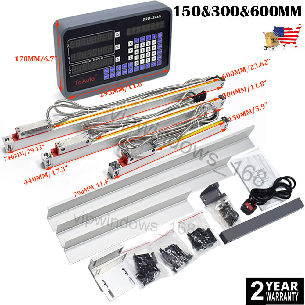 3 Axis Digital Readout DRO Display 6″ 12″ 24″ Linear Glass Scale Sensor Set US