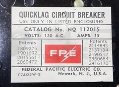 FEDERAL PACIFIC ELECTRIC CO NQ112015 QUICKLAG CIRCUIT BREAKER 15 AMP 120VAC