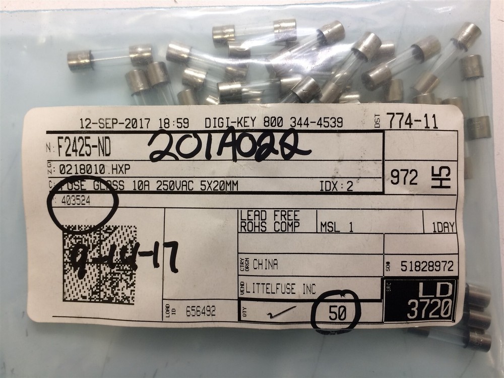 0218010.HXP LF FUSE GLASS 10A 250VAC 5X20MM ROHS 10 PIECES