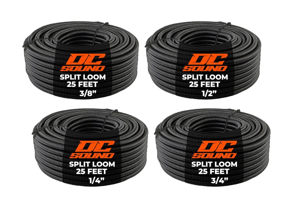 DC Sound 4-Pack 1/4″, 3/8″, 1/2″, 3/4″ x 25 Feet Each Split Wire Loom Convoluted