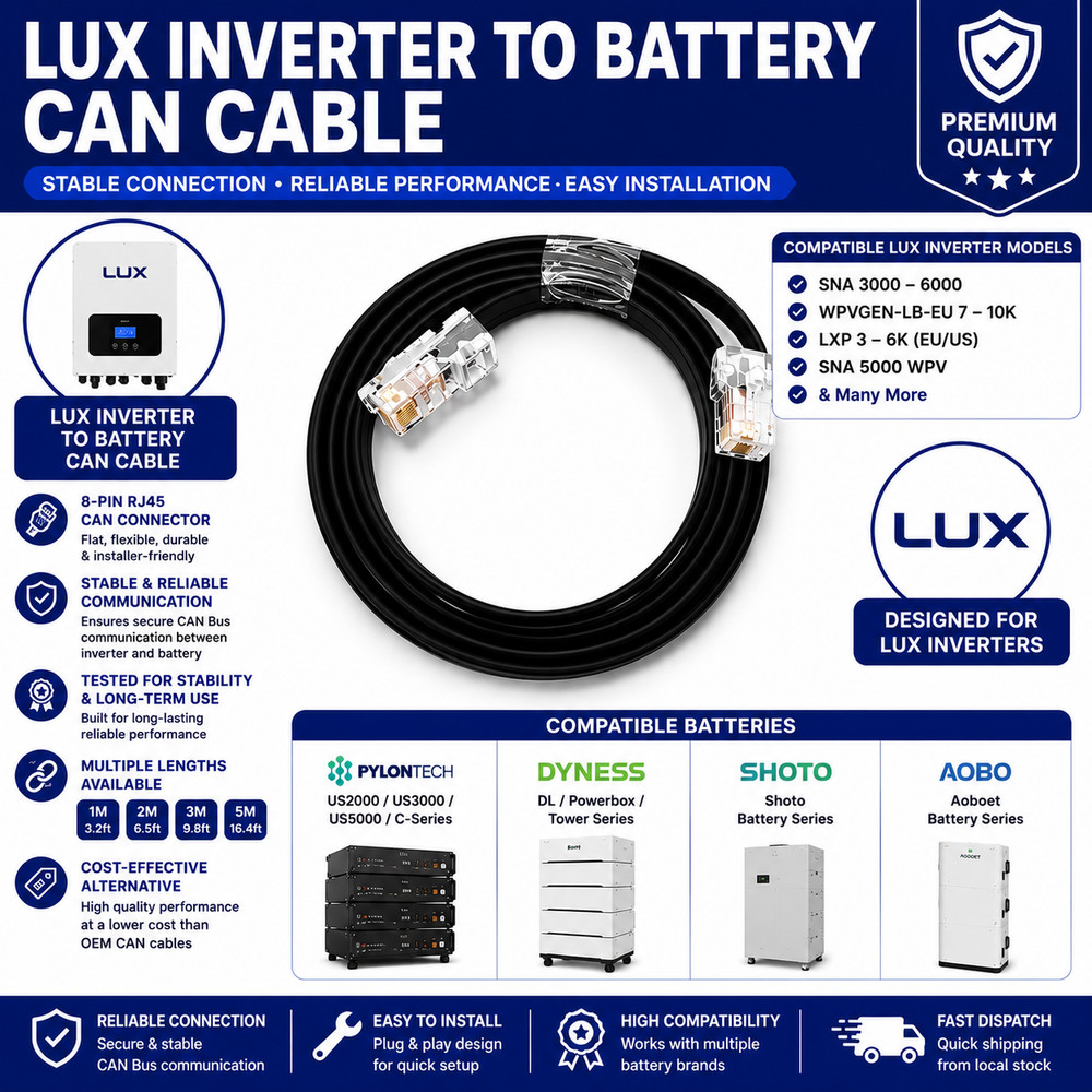 LUX INVERTER TO BATTERY CAN CABLE FOR PYLONTECH / DYNESS / SHOTO / AOBO BATTERY