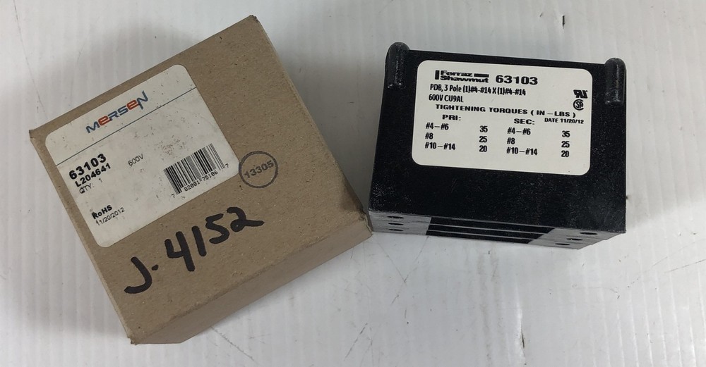 Mersen Ferraz Shawmut 63103 Power Distribution Block 3 Pole 600V