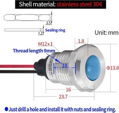 UL Listed Indicator Light 12mm LED Lamp 140mm Wire Pilot Lights Waterproof IP67