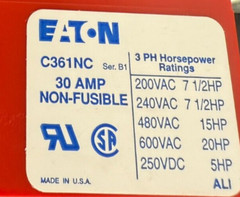Eaton Culter Hammer C361NC Disconnect Switch,Non-fusible,30A,3 Phase, #2-14 AWG