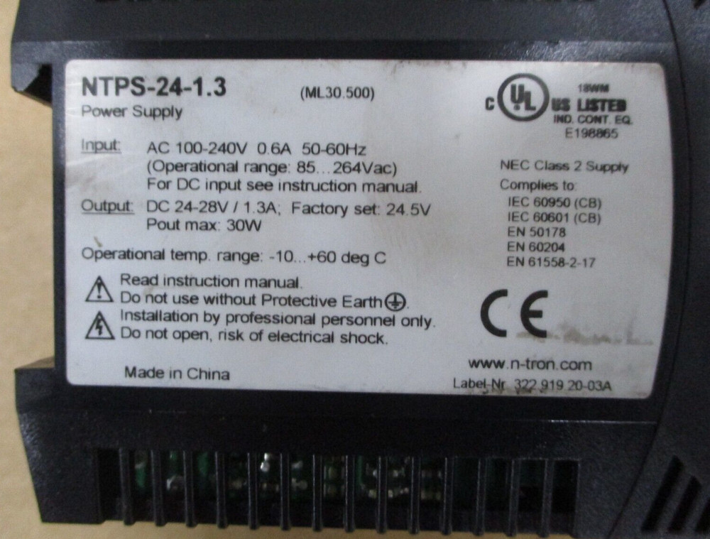 N-Tron NTPS-24-1.3 Power Supply 100-240 VAC 24-28 VDC -10 to 60 Deg C A8101SO