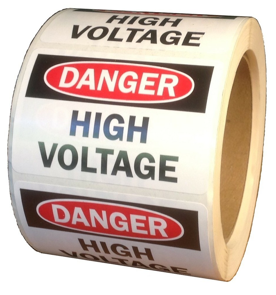 DANGER – HIGH VOLTAGE Label, 2″ x 3″, Red & Black Print, Self-Adhesive- Roll/500
