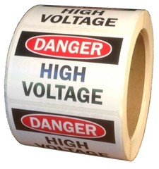 DANGER – HIGH VOLTAGE Label, 2″ x 3″, Red & Black Print, Self-Adhesive- Roll/500