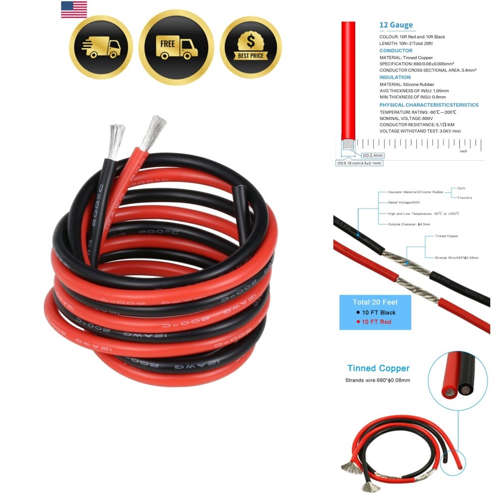 12 Gauge Silicone Wire 10 ft red and 10 ft Black Flexible 12 AWG Stranded Tin…