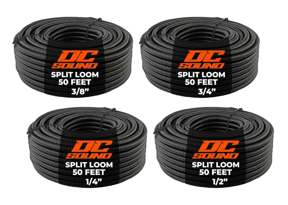 DC Sound 4-Pack 1/4″, 3/8″, 1/2″, 3/4″ x 50 Feet Each Split Wire Loom Convoluted